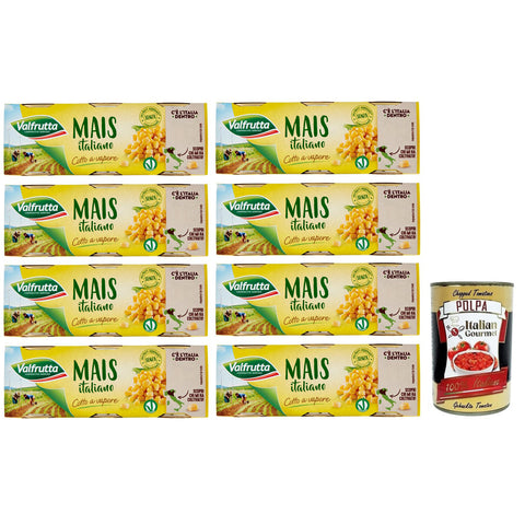 Valfrutta Mais Dolce Italiano,Weicher und Natürlich süßer Italienischer Gedämpfter Mais,Dosen 3x160g 8x Original italienisch inkl. Italian Gourmet Polpa di Pomodoro 400g Dose