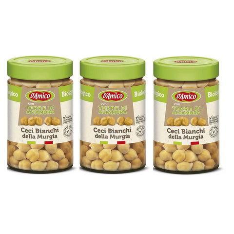 D'AMICO con Terra di Altamura Ceci Bianchi della Murgia Weiße Kichererbsen aus der Murgia mit Erde von Altamura Gekochte Bio-Kichererbsen 310g Italienischer Herkunft 3x Original italienisch