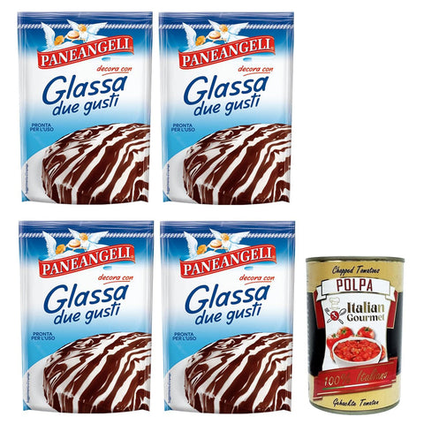 Paneangeli Glassa due gusti,Glasur für Kuchen, fettarme Kakaoglasur, Glasur mit weißem Schokoladengeschmack,125g Beutel 4x Original italienisch inkl. Italian Gourmet Polpa di Pomodoro 400g Dose