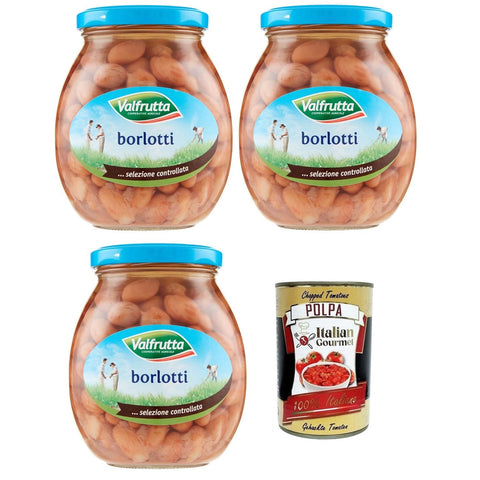 Valfrutta Fagioli Borlotti, Italienische Borlotti - Bohnen, Hülsenfrucht Gemüse Gekochte Bohnen, Glas 3x 360g inkl. Italian Gourmet Polpa di Pomodoro 400g Dose Original italienisch