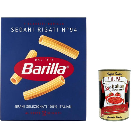 Pasta Barilla Sedani rigati Nr. 94, 100% italienisch Nudeln 500 g pack 10x Original italienisch inkl. Italian Gourmet Polpa 400g