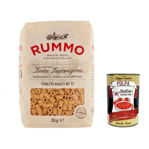 Rummo Tubetti rigati N. 72 Hartweizengrieß Pasta Italienische Nudeln 1kg Packung 4x Original italienisch inkl. Italian Gourmet Polpa di Pomodoro 400g Dose
