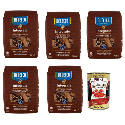 De Cecco Integrale Mezzi Rigatoni N° 26, Pasta integrale, Vollkornnudeln 5x 500g inkl. Italian Gourmet polpa 400g Original italienisch