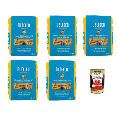 DE CECCO Mezza Zita Tagliata N°117 100% Italienisch Pasta Nudeln 5x 500g Original italienisch inkl. Italian Gourmet Polpa 400g