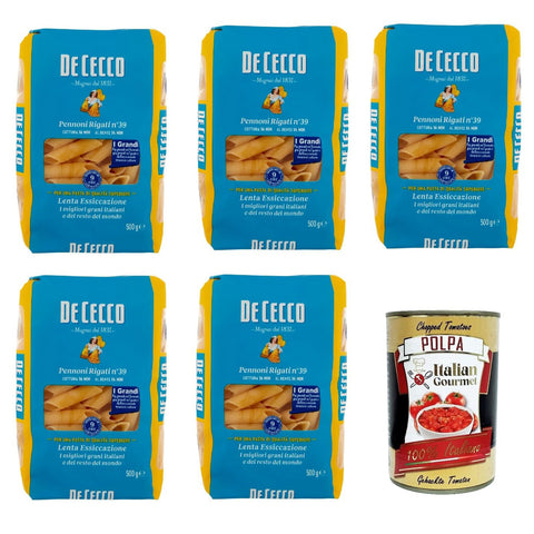 De Cecco Pennoni Rigati N°39, 100% Pasta Nudeln 5x 500g inkl. Italian Gourmet Polpa 400g Original italienisch