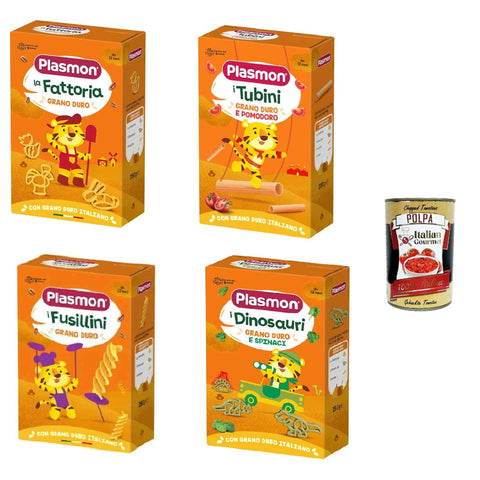 Plasmon Pasta testpaket dinosauri, tubini, fusillini, la fattiria 4x 250g inkl. Italian Gourmet polpa 400g Original italienisch