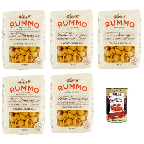Rummo Conchiglie Rigate N° 42 Pasta Lenta Lavorazione Teigwaren aus Hartweizengrieß Bronze - Zeichnung 5x 500g inkl. Italian Gourmet polpa 400g Original italienisch
