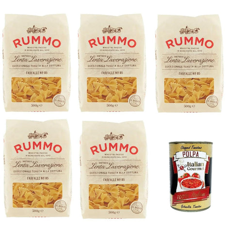 Rummo Farfalle n° 85 Pasta Lenta Lavorazione Teigwaren aus Hartweizengrieß Bronze - Zeichnung 5x 500g inkl. Italian Gourmet polpa 400g Original italienisch