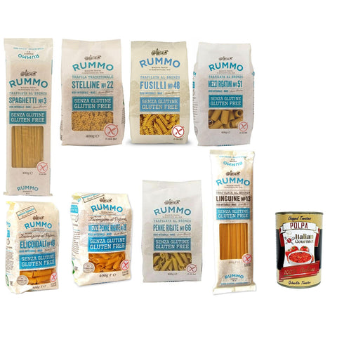 Rummo Testpaket Pasta senza Glutine, gluten free, 100% Pasta nudeln glutenfrei 8x 400g inkl. Italian Gourmet polpa 400g Original italienisch