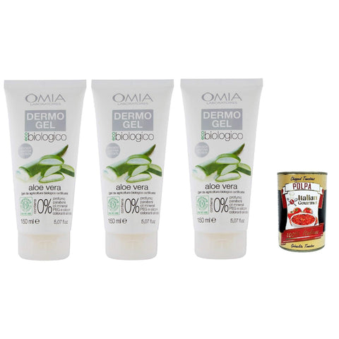 Omia Dermogel Lenitivo, Creme fur Gesicht und Körper mit Aloe,Ausgezeichnet für empfindliche, rot und gereizte Haut, 3x 150 ml Original italienisch inkl. Italian Gourmet Polpa 400g