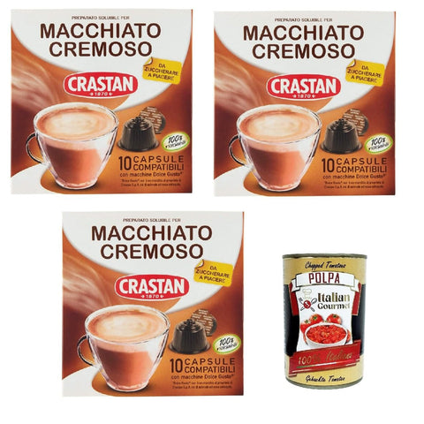 Crastan 30 Kapseln, 3 Kisten aus 10 Kapseln Macchiato e cremoso Geschmack, Kapseln, die mit süßem Geschmack kompatibel sind, um zu süßen zu schmecken inkl. Italian Gourmet polpa 400g Original italienisch