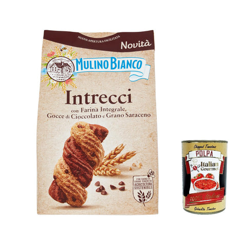 Mulino Bianco Intrecci Biscotti kekse mit Vollkornmehl, cookies Tropfen Schokolade und Buchweizen 300 g 12x Original italienisch inkl. Italian Gourmet Polpa 400g