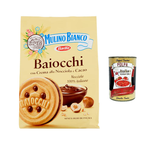 Mulino Bianco Baiocchi Kekse mit Haselnusscreme und Kakao zum Frühstück und süßer Snack für den Nachmittag 260g 3x Original italienisch inkl. Italian Gourmet Polpa 400g