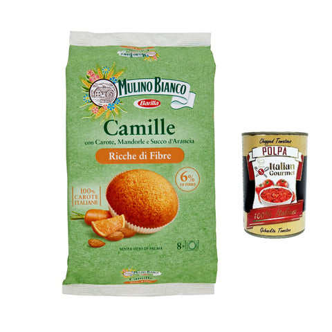 Mulino Bianco Camille Snack, reich an Ballaststoffen, italienische Karotten, Mandeln, Orangensaft, 8 Kuchen, 304 g 3x Original italienisch inkl. Italian Gourmet Polpa 400g