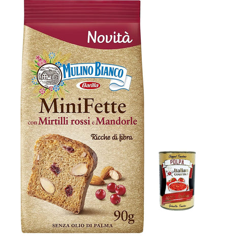 Mulino Bianco Mini Fette mit Preiselbeeren und Mandeln mit Vollkornmehl, reich an Ballaststoffen, Vollkorn - Zwieback ohne Palmöl 3x 90 g inkl. Italian Gourmet polpa 400g Original italienisch