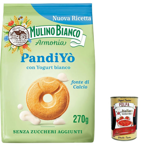 Mulino Bianco Pandiyo Kekse ohne Zuckerzusatz mit Joghurt und Müsli cookies biscuits 270g 3x Original italienisch inkl. Italian Gourmet Polpa 400g