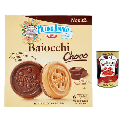 Mulino Bianco Baiocchi Choco 144g Kekse mit Milchschokoladentafel mit Haselnüssen 6x Original italienisch inkl. Italian Gourmet Polpa 400g