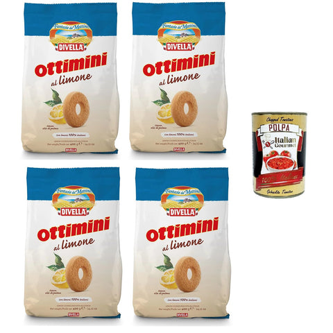 Divella Ottimini biscotti al Limone Zitronenkekse 4x400gr Original italienisch inkl. Italian Gourmet Polpa 400g