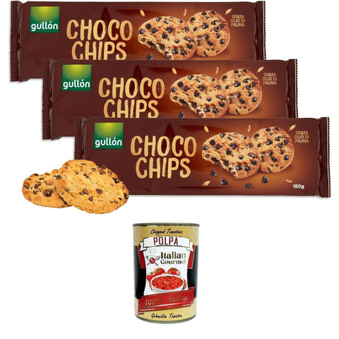 Gullon Choco Chips Golosi Biscotti Cookies con Gocce di Cioccolato Fondente, Choco Chips Leckere Kekse mit dunklen Schokoladenstückchen 3x 150 g inkl. Italian Gourmet polpa 400g Original italienisch