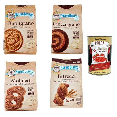 Mulino Bianco Testpaket 100 % Vollkornmehl Kekse Molinetti Buongrano Cioccograno Intrecci Original italienisch inkl. Italian gourmert Polpa 400g