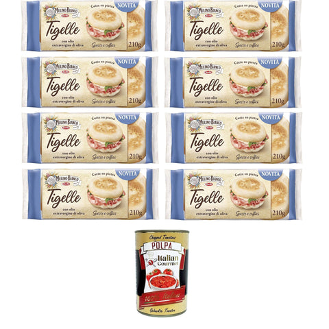 Mulino Bianco Tigelle mit nativem Olivenöl extra und weichem Weizenmehl, ohne Schmalz, dick und weich verpackte Tigelle zum Füllen,, Packung mit 6 Tigelle 8x 210gr inkl. Italian Gourmet polpa 400g Original italienisch