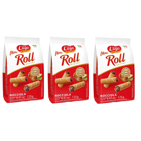 Lago Gastone Lago Mini Roll Nocciola Waffelröllchen Waffelpad Wafer gefüllt mit Haselnusscreme 3x 125g Original italienisch