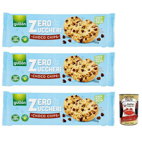 Gullón Choco Chips Senza Zuccheri, Kekse mit Schokoladenstückchen Zuckerfreie, Packung mit 3x 150g inkl. Italian Gourmet Polpa di Pomodoro 400g Dose Original italienisch