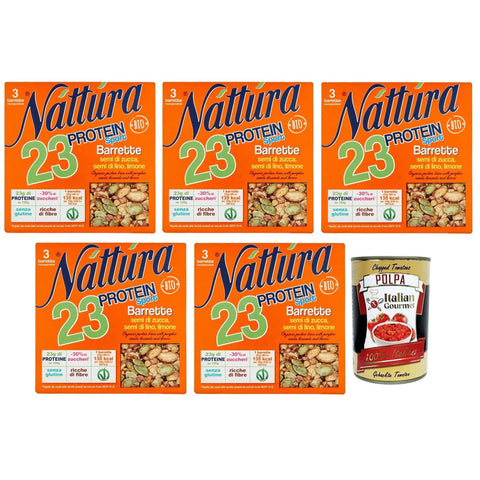 Náttúra Protein Sport Proteinriegel Bio-Kürbiskerne, Leinsamen, Zitrone,Packung mit 75g,jede Packung enthält 3 Riegel à 25g 5x Original italienisch inkl. Italian Gourmet Polpa di Pomodoro 400g Dose
