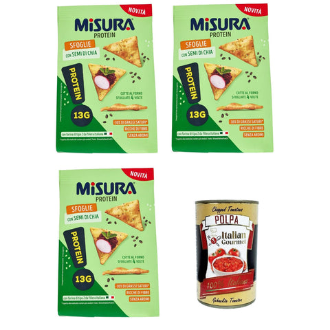 Misura Protein Sfoglie con semi di Chia Protein - Puffs mit Chia - Samen abmessen 3x 170gr inkl. Italian Gourmet Polpa di Pomodoro 400g Original italienisch