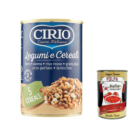 Cirio Legumi E 5 Cereali, Hülsenfrüchte und 5 Getreide, Mischung aus geschriebenen, hatten roten Reis, Durumweizen, perlmuttfarbene Gerste und Linsen, dosen 410g 12x Original italienisch inkl. Italian Gourmet Polpa 400g