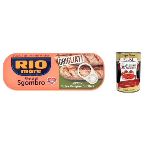 Rio Mare Filetti di Sgombro Grigliati all'Olio Extra Vergine di Oliva Gegrillte Makrelenfilets mit nativem Olivenöl extra reich an Omega 3 12x 120g inkl. Italian Gourmet polpa 400g Original italienisch