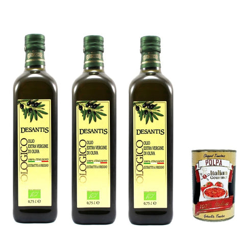 Desantis Olio Evo 100% Italiano, 100 % italienisches Natives Olivenöl extra, 3x 75cl Original italienisch inkl. Italian Gourmet Polpa 400g