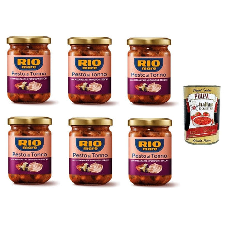 Rio Mare Pesto al Tonno con melanzane e pomodori secchi Thunfischpesto mit Auberginen und getrockneten Tomaten 6x 130gr inkl. Italian Gourmet polpa 400g Original italienisch