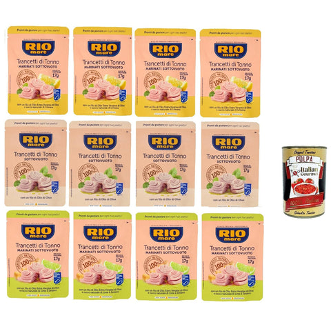 Rio Mare Trancetto Di Tonno Testpaket, Thunfischstücke mit nativem Olivenöl extra, Ingwer und Limettensaft, zitrone und nativem Olivenöl 12x 70g inkl. Italian Gourmet polpa 400g Original italienisch