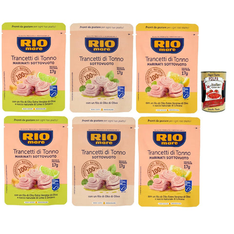 Rio Mare Trancetto Di Tonno Testpaket, Thunfischstücke mit nativem Olivenöl extra, Ingwer und Limettensaft, zitrone und nativem Olivenöl 6x 70g Original italienisch inkl. Italian Gourmet Polpa 400g