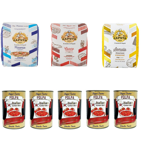 Testpaket Caputo Cuoco Farina Pizzamehl Mehl 5 kg Pizzaeria 5kg Semola 5kg und Polpa di pomodoro Fein gehacktes Tomatenmark 5x 400g Original italienisch