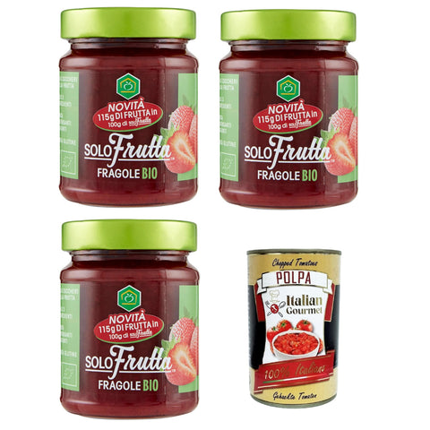 Apicoltura Casentinese marmellata Solo Frutta Fragole Nur Erdbeer-Fruchtmarmelade 3x295 g Original italienisch inkl. Italian Gourmet Polpa di Pomodoro 400g