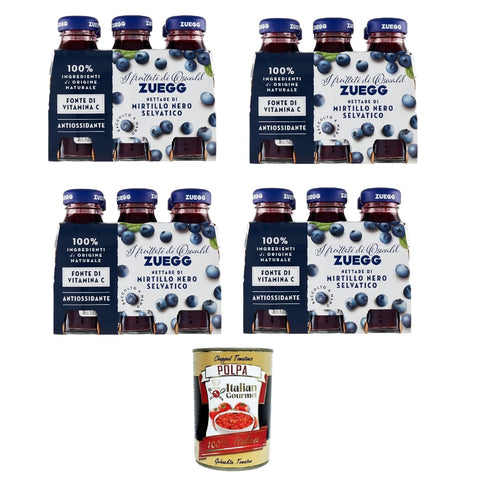 Zuegg Nettare di Mirtillo Nero Selvatico, Wilde Blaubeeren saft saft Flaschen glass 24x125ml Original italienisch inkl. Italian Gourmet Polpa 400g