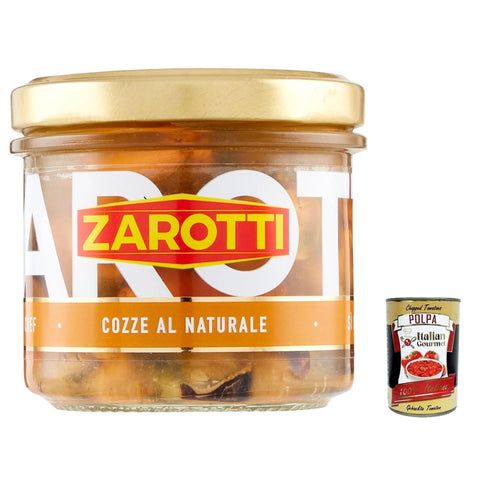 Zarotti Cozze al naturale, Muscheln in Aufguß in glas 140g 3x Original italienisch inkl. Italian Gourmet Polpa 400g