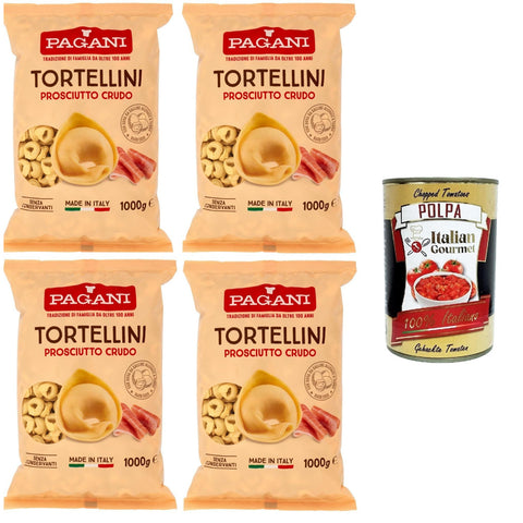 Pagani Pasta all' Uovo Tortellini con Prosciutto Crudo, Eiernudeln mit Parma ham, Pasta mit Ei 4x1kg inkl. Italian Gourmet polpa 400g Original italienisch