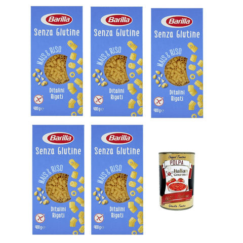Barilla Ditalini Rigati senza Glutine Glutenfrei pasta nudeln, Pasta aus weißem Mais, gelbem Mais und braunem Reis 5x 400g inkl. Italian Gourmet polpa 400g Original italienisch
