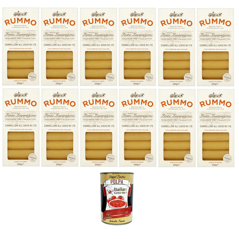 Rummo Cannelloni All'uovo Eier-Cannelloni N°176 langsame Verarbeitungsmethode, außergewöhnliche Kochbeständigkeit 12x250gr Original italienisch inkl. Italian Gourmet Polpa 400g