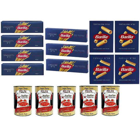 Barilla TESTPAKET Barilla pasta nudeln spaghetti linguine fusilli tortiglioni und Polpa di pomodoro Fein gehacktes Tomatenmark 11 x 500G 5x 400g Original italienisch