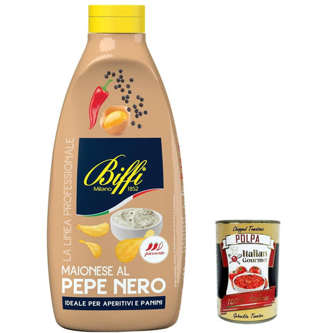 Biffi linea professionale, Maionese al Pepe nero, schwarze Pfeffer mayonnaise mayo maionnaise sauce squeeze 6x 900g inkl. Italian Gourmet polpa 400g Original italienisch
