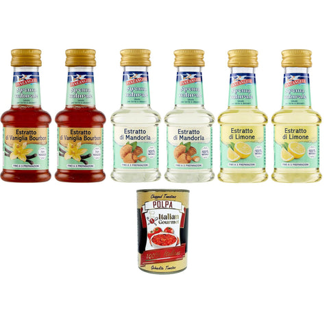 Paneangeli Testpaket Naturextrakt 100 % natürliche Bourbon-Vanille, Mandel, Zitrone ideal für Kuchen und Desserts, alkoholfrei, ohne Konservierungsstoffe 6x 35ml Original italienisch inkl. Italian Gourmet Polpa 400g