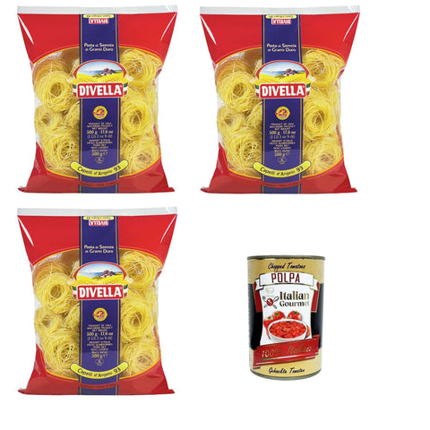 Divella Capelli d’Angelo N°93 Hartweizengrieß Pasta Italienische Nudeln 3x 500gr inkl. Italian Gourmet Polpa di Pomodoro 400g Original italienisch