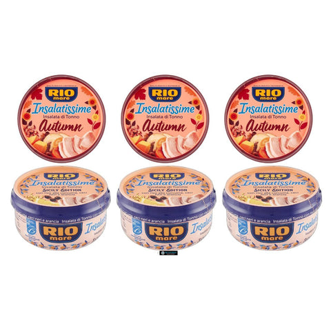 Rio Mare Insalatissime Set, Thunfischsalat Herbst Edition mit Linsen und Kürbis, 3x220g, Sizilien Edition mit Kurkuma-Reis, 3x220g, 6 er pack Original italienisch inkl. Italian Gourmet Polpa 400g