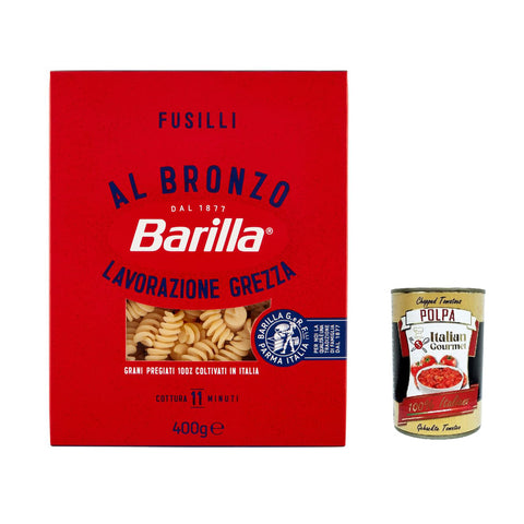 Barilla Fusilli al Bronzo Bronze Gezogene Pasta 400g Rohe Verarbeitungsmethode 20x Original italienisch inkl. Italian Gourmet Polpa 400g