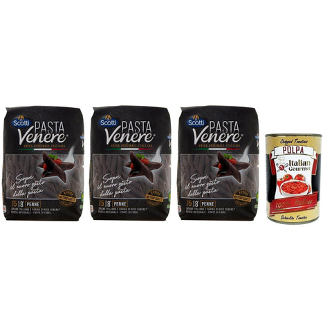 Scotti Riso Scotti Pasta Venere Penne Rigate, Pasta aus Hartweizengrieß und Schwarzem Venere - Vollkornreismehl, Packung mit 3x 400g inkl. Italian Gourmet Polpa di Pomodoro 400g Dose Original italienisch
