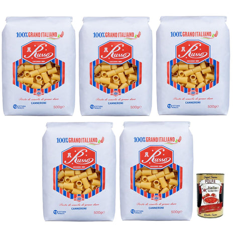 Russo Canneroni N°107 Hartweizengrieß Pasta,100% Italienischer Weizen,500g-Packung 5x Original italienisch inkl. Italian Gourmet Polpa di Pomodoro 400g Dose